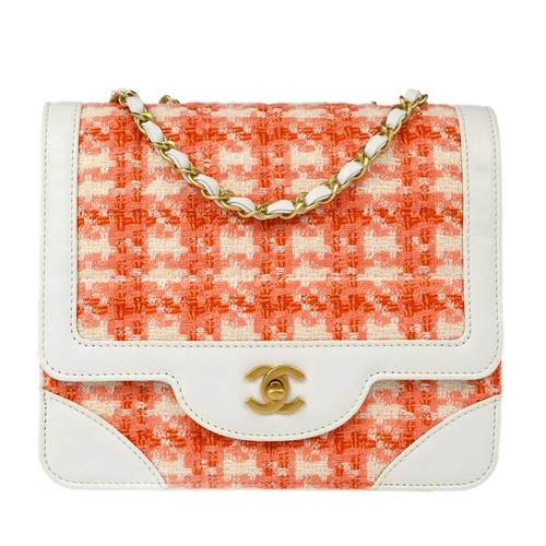 Chanel White Orange Tweed Single Flap Shoulder Bag 133871