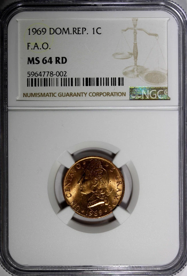 Dominican Republic Bronze 1969 1 Centavo NGC 64 RD F.A.O. RED TONING KM# 32 (02) - Image 2 of 4
