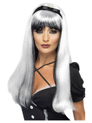 Bewitching weiß und schwarz lange Halloween Kostüm Kostüm Perücke mit Fransen