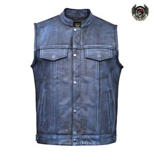 Men's Distress Blue Leather Vest Motorcycle Biker Vest Conceal Pocket Waistcoat