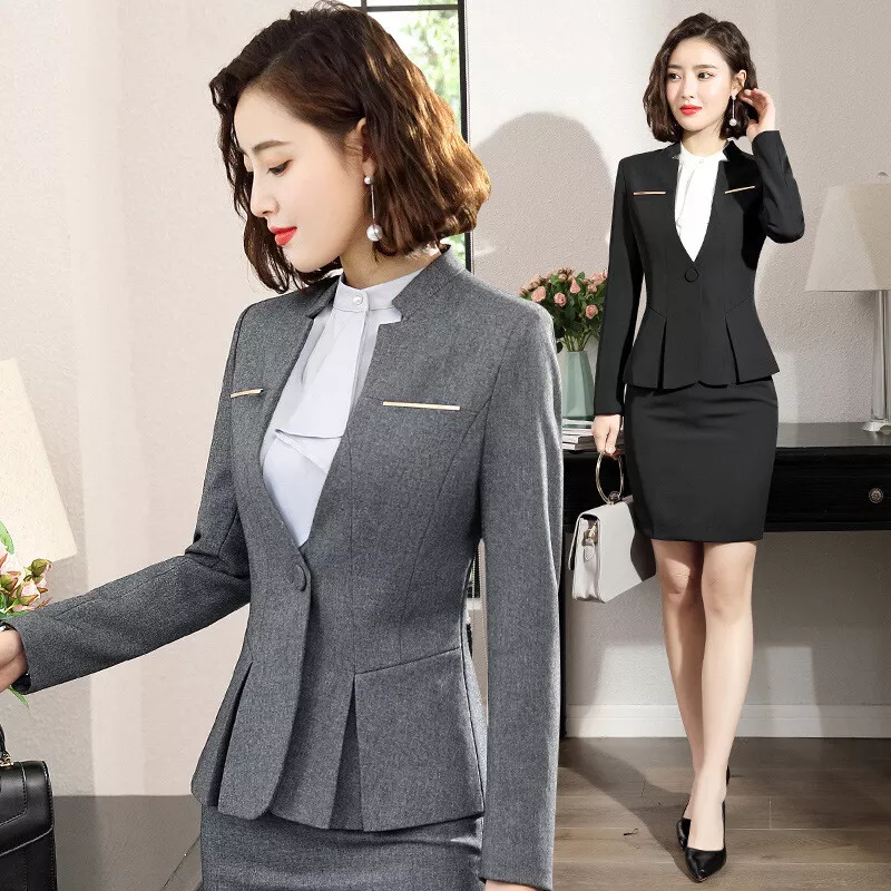 2PC Women Formal Business Suits Blazer and Skirt Career Office Uniforms Slim