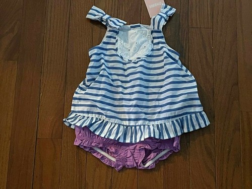 New Gymboree Hippos and Bows Blue White Striped Top Purple Bottoms 6-12 months