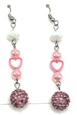 Valentine's Day Pink Pav  Rhinestones  Pink  White Hearts Dangle Drop Earrings