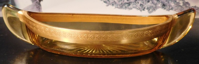 Vintage 1920s Duncan & Miller Amber Glass Relish Canoe Gold Embossed Edge