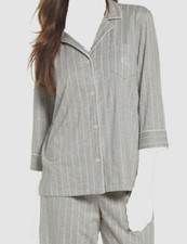  39 Ralph Lauren Women's Gray Striped Logo Knit Collar Cotton Pajama Top Size XS