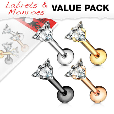 4 Pc Pack Triangle CZ Lip Labret Ear Cartilage Helix Tragus 16G +1 Lip Retainer
