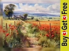 Enchanting Poppies Farmhouse Path Watercolor Print - Rural Charm for Cozy  5"x7"