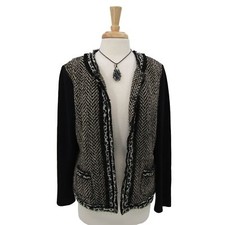 Chico's Womens Tweed Leopard Print Wool Blend Jacket Size 2 Black Brown Pockets