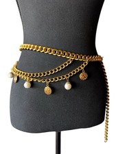 Vintage 90  s Gold Medallion Triple Chain Waist Belt Multi Layer Pearls 38  