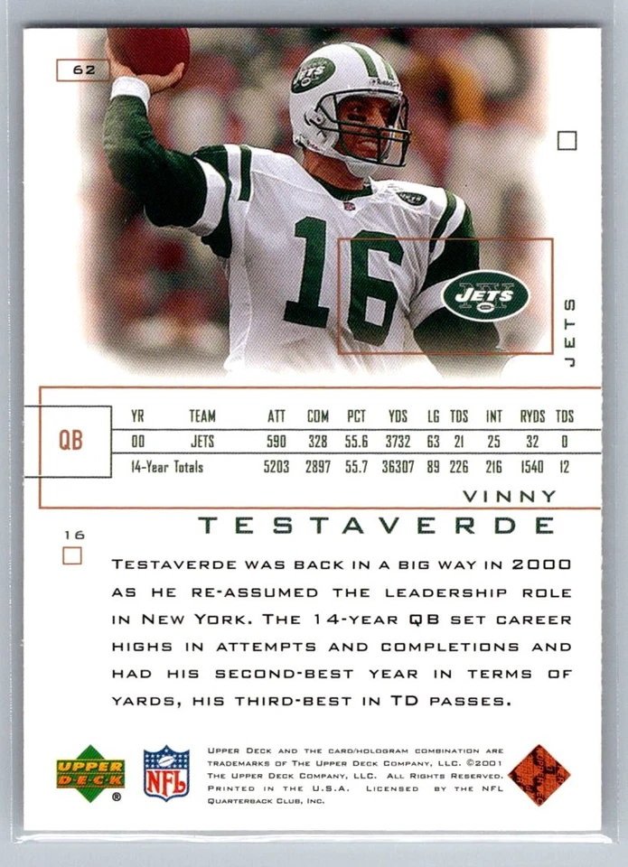 💎2001 Upper Deck Pros & Prospects Football #62 Vinny Testaverde - Jets💎 - Image 2 of 2