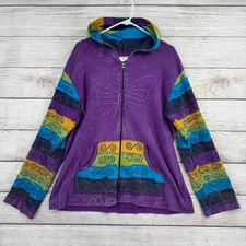 Greater Good Butterfly BOHO Print Rough Seam Hoodie Womens L/XL Purple Full Zip