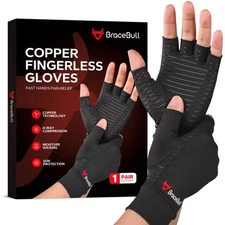 BraceBull Arthritis Gloves (1 Pair), Copper Infused Fingerless Compression Gl...
