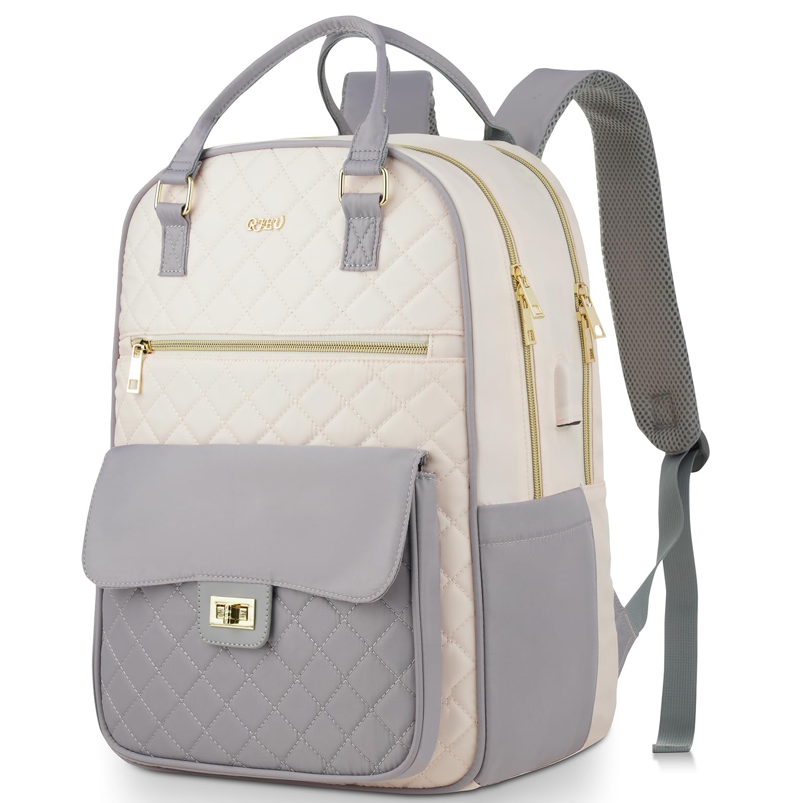 15.6in Laptop Bag Women Graybeige Bookbag