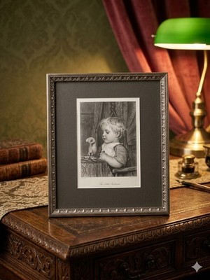 Antique 19thC Steel Engraving ''The Little Architect'' Albert Anker Framed 13x11