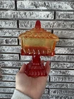 Vintage Amberina Red Jeanette Glass Square Pedestal Wedding Candy Lidded Dish