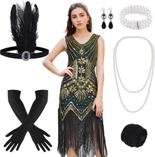1920er Kleid V-Ausschnitt Pailletten Perlen Fransen Größe M Schwarz 3-teilig