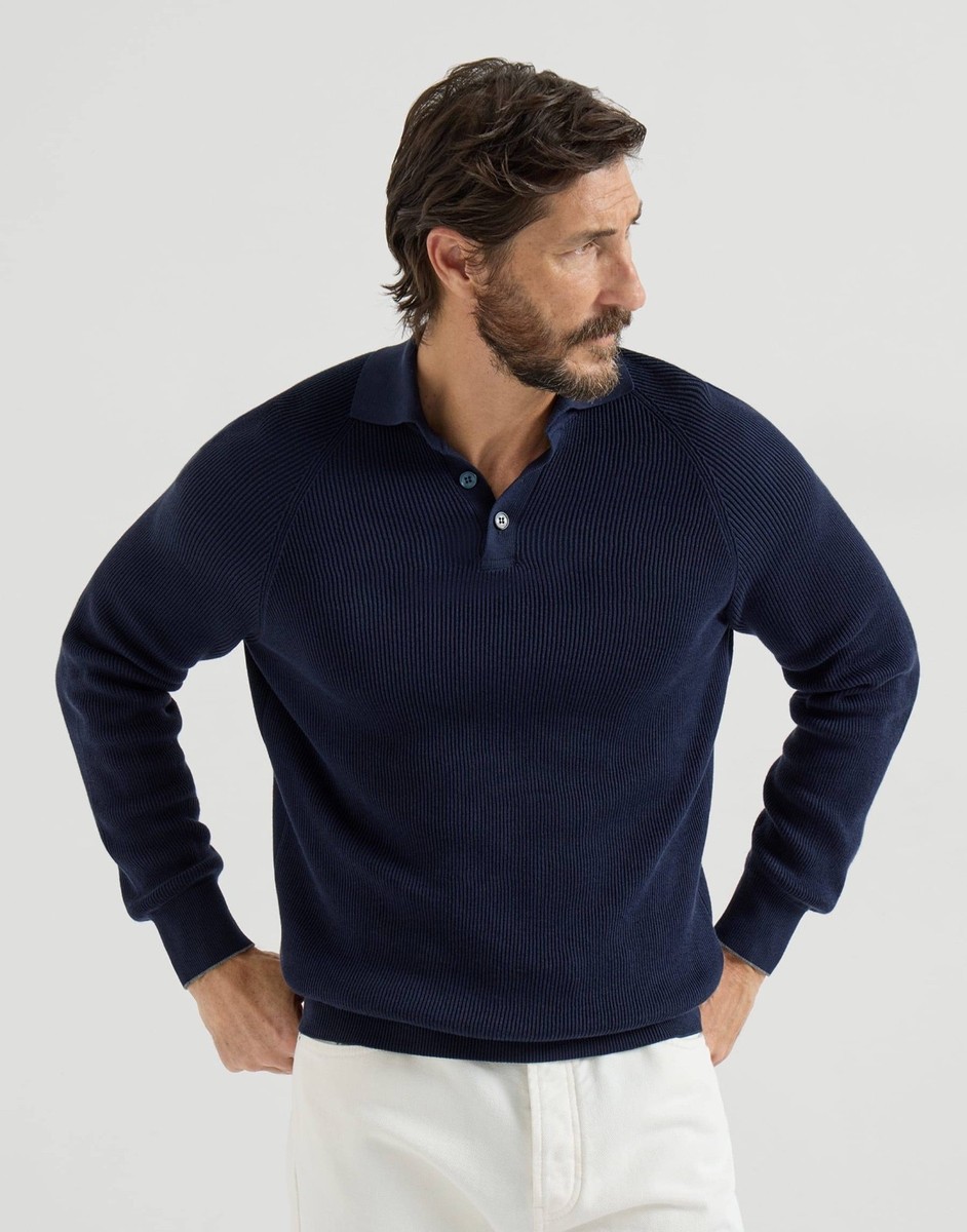 Brunello Cucinelli Rib Knit Polo Long Sleeve Navy Blue Mens Size