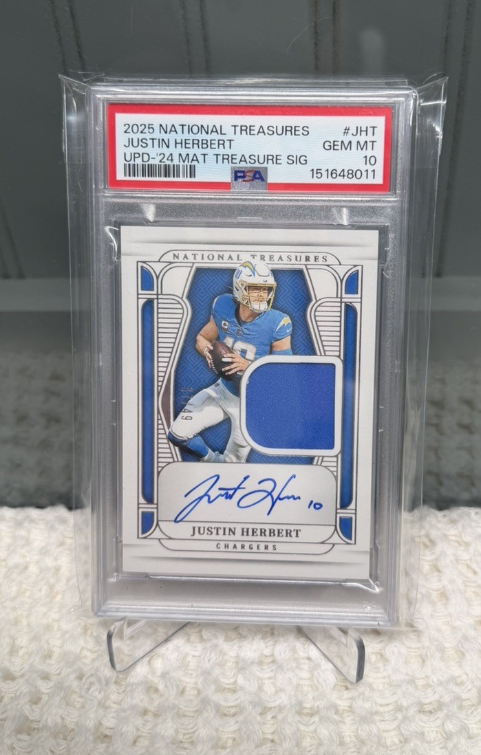 2025 Panini National Treasures Justin Herbert Material /49 Auto Pop 2 GEM PSA 10 view 1