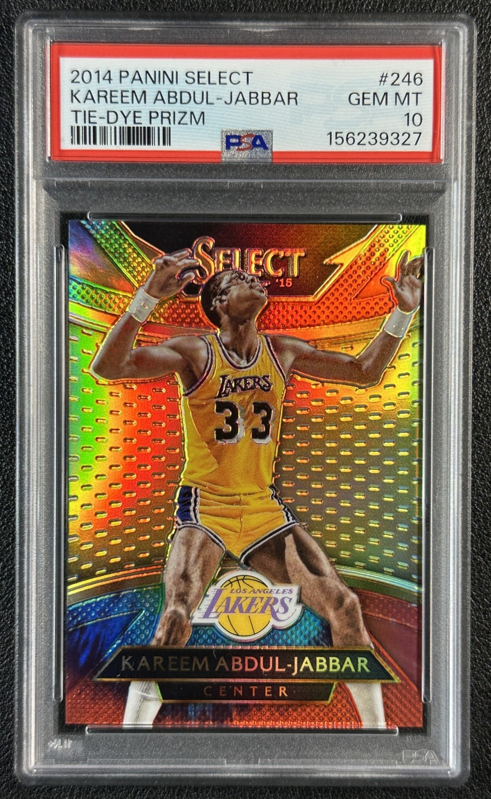 KAREEM ABDUL-JABBAR PSA 10 2014-15 PANINI SELECT #246 TIE-DYE PRIZM 23/25 view 1