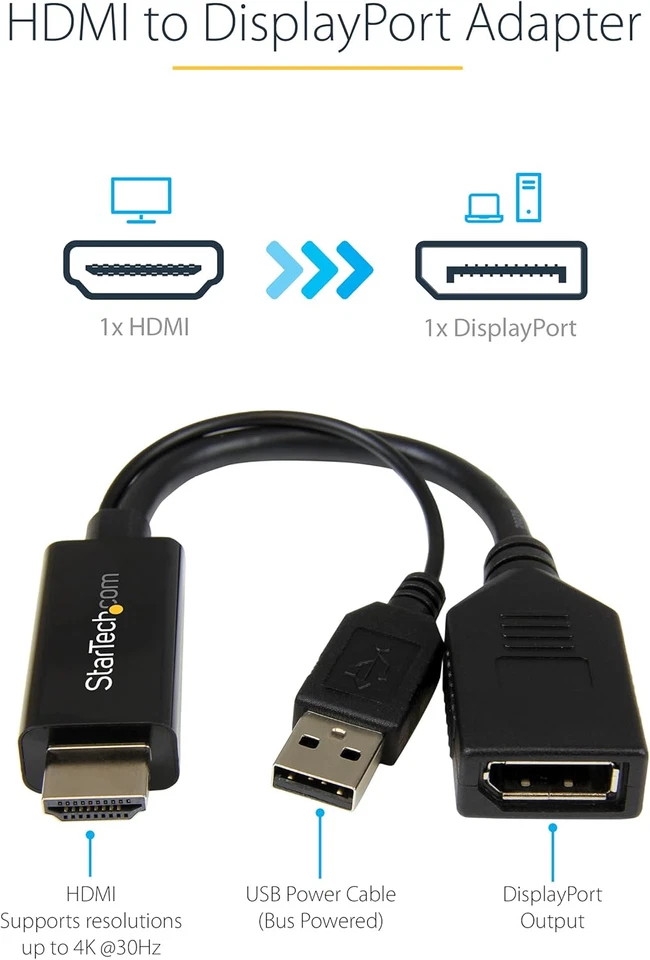 .Com Adattatore / Convertitore Hdmi a Dp Alimentato via Usb - Ultra Hd 4K, Nero - Immagine 2 di 4