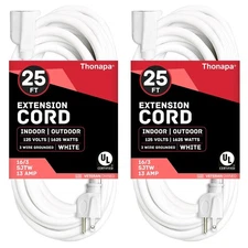 Thonapa 2 Pack of 25 Ft White Extension Cords - 16/3 Durable Indoor Outdoor