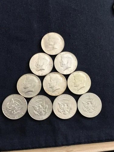 Ten total coins ,40% silver Kennedy half dollars, very good condition, 1965-1970