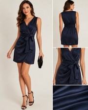 DO+BE Navy Faux Wrap Dress Womens Medium NWT Satin Tie Waist Sleeveless Mini