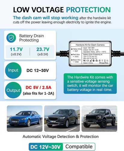 Hardwire Kit for Dash Cam, 4m/13.12ft 12V-24V to 5V 2.5A Car Dash Camera Char... - Afbeelding 4 van 10