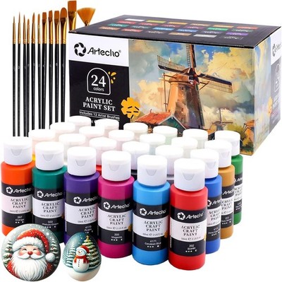 Artecho Acrylic Paint Set 24 Colors 2oz with Brushes New