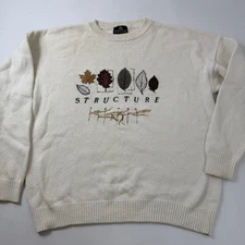Vintage Structure Embroidered Leaf Sweater Cream Sleeve Crew Neck XL Extra Large