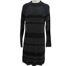 Ophelia Roe Womens Black Silver Sweater Knit Striped Long Sleeve Dress sz L