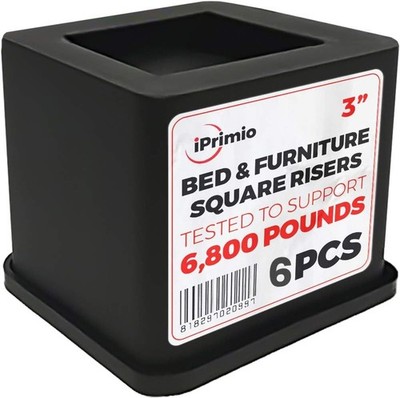 iPrimio Bed & Furniture Risers - Black, Square, 3 Inch Lift ,Up to 6800lbs, 6PCS