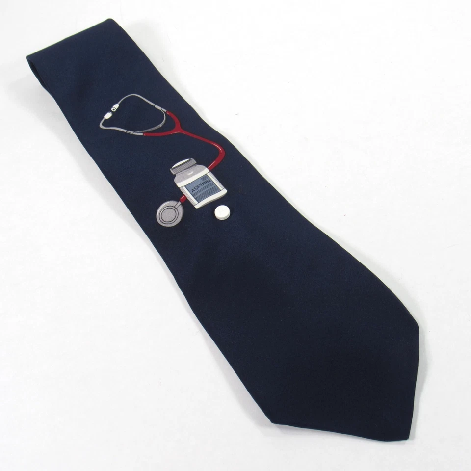 Corbata de seda para hombre Vicky Davis "Toma dos" aspirina tema médico azul marino nueva con etiquetas Foto 4 de 4