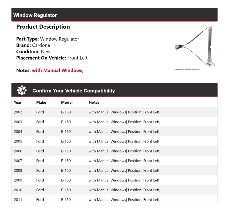 Para 2002-2011 Ford E-150 Regulador de Janela Frente Esquerda Cardone 2003 2004 2005 2006 - Imagem 2 de 4