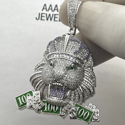 925 Solid Sterling Silver Cubic Zirconia Lion Head Pendant
