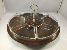 Vtg MCM Vermillion Walnut 6 Part Wood Serving Relish Condiment Lazy Susan Tray