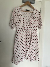 Pretty Little Thing White Faux Wrap Dress With Red Hearts 10.
