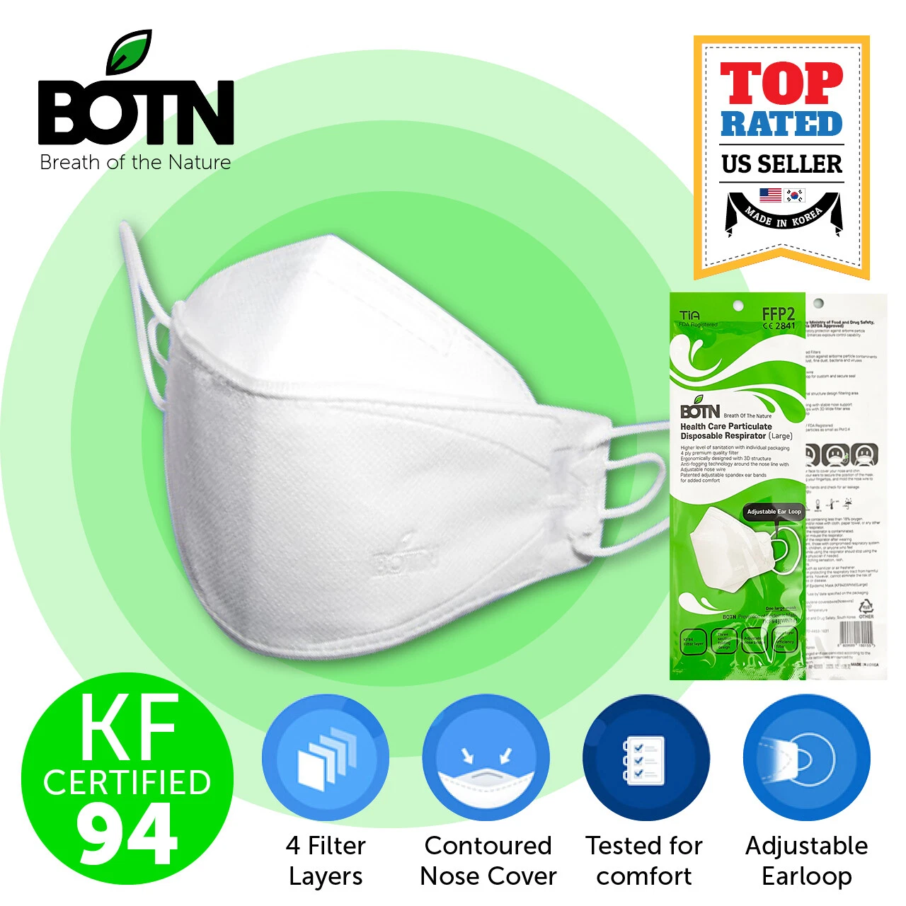 10 PCS BOTN KF94 WHITE L Adult Size Protective Safety Face Mask KFDA Approved