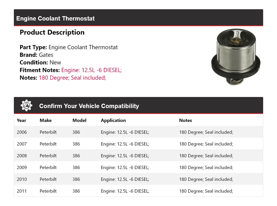 Para Peterbilt 386 2006-2011 12,5 L -6 puertas termostato refrigerante motor diésel 2007 Foto 2 de 4