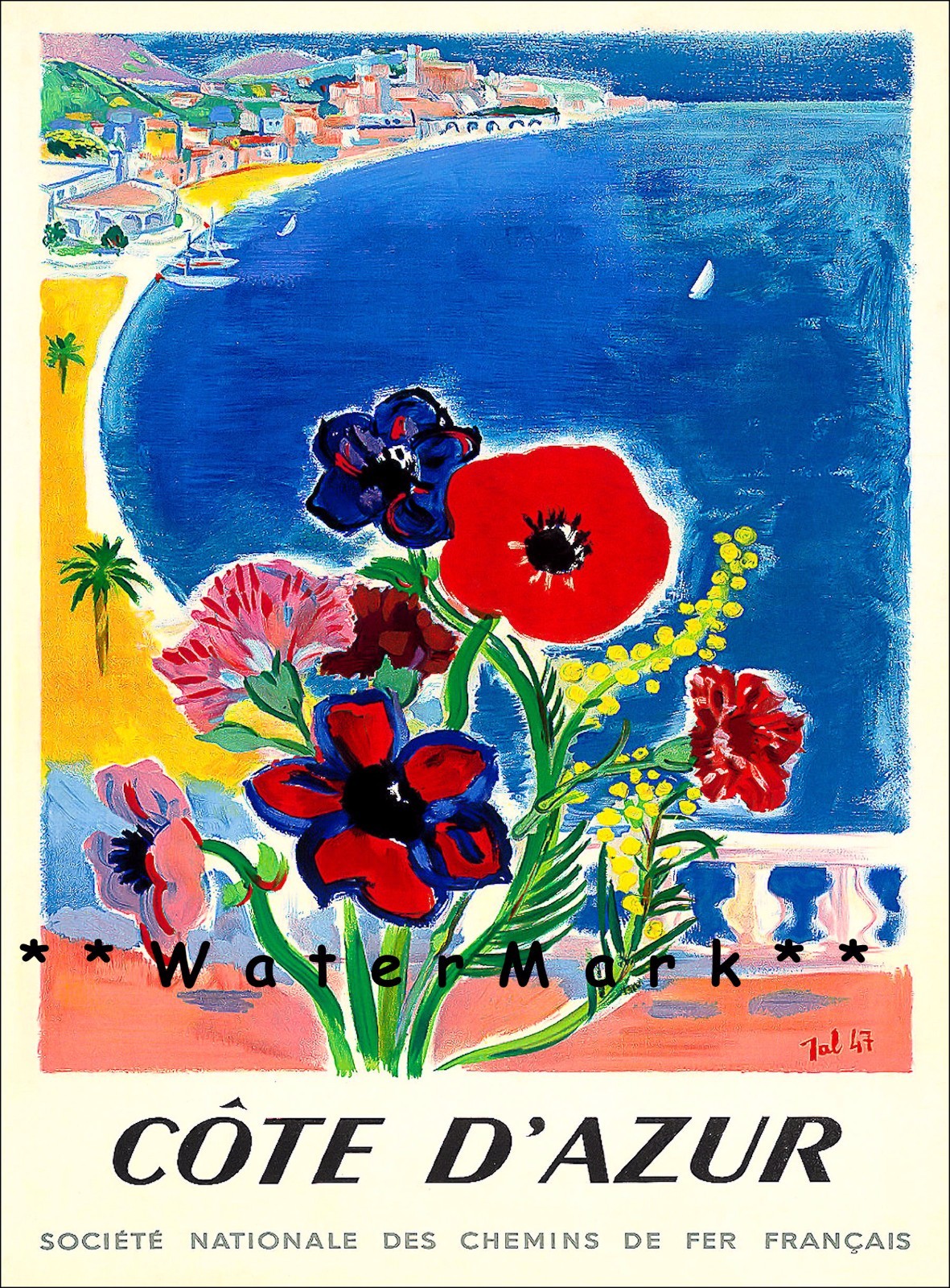 Cote D Azur 1947 France Vintage Travel Poster Europe Seaside Art Décor