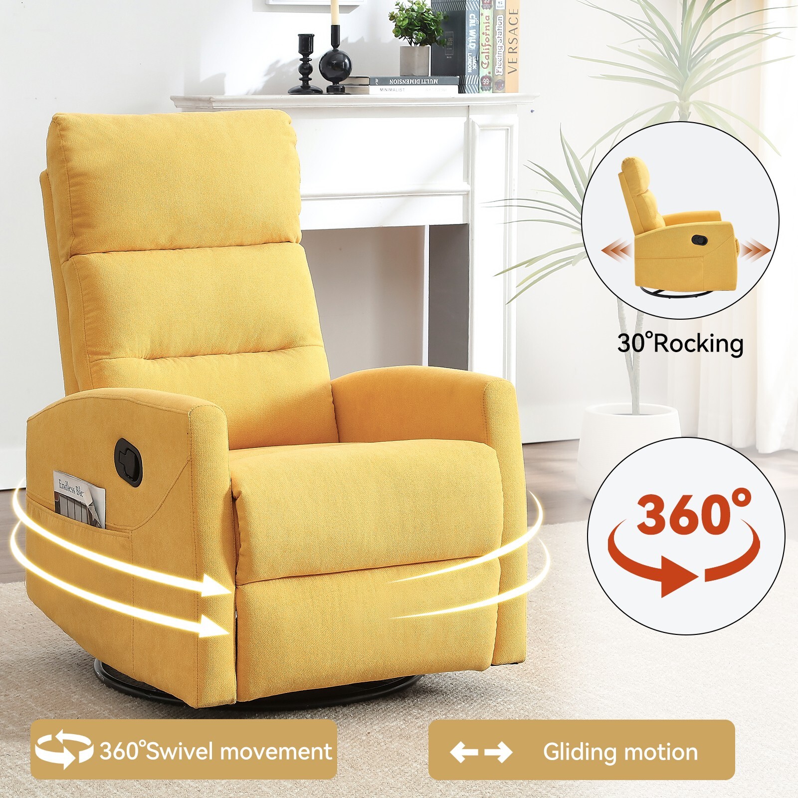 Swivel Rocker Recliner Chair Nursery Glider Single Sofa Small Spaces Side Pocket