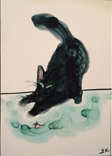 Aceo art PRINT black CAT rug mouse by Lynne Kohler 2.5x3.5"