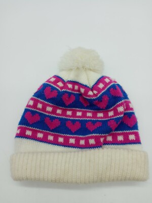 Vintage Girls Knit Hat Hearts Pom Pom 80 s 90,s Youth Retro Winter Clothing 4-6x