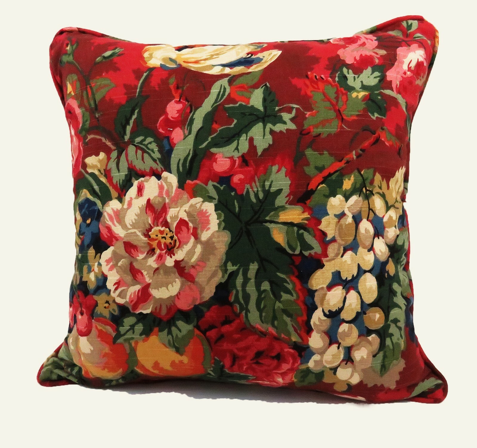 Throw Pillow Cover 22 x 22 Floral Red Square Decorative Cushion Piping Cording-image