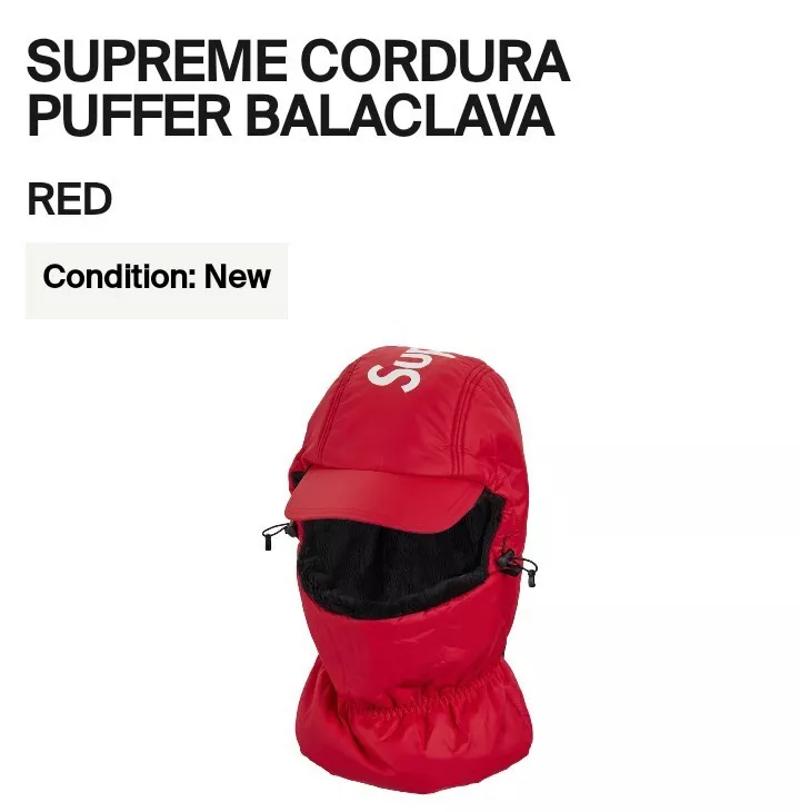 Supreme Cordura Puffer Balaclava (Red) FW22 Brand New | eBay