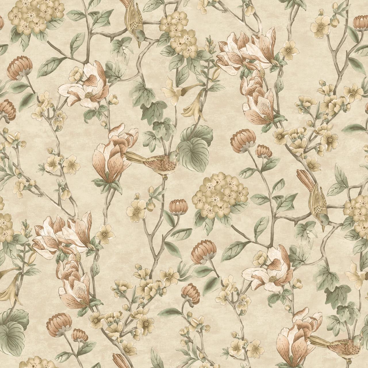 Floral Bird Trail Wallpaper Cream Green Flower Trees Leaves Natural Botanical