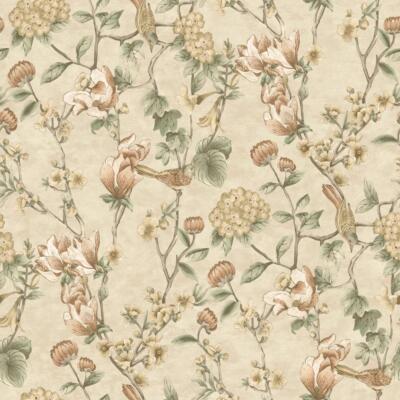 Floral Vogelspur Tapete Creme Grün Blume Bäume Blätter Natur Botanisch