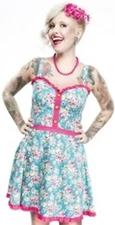 77976 Aqua Blue Rosey Luau Dress Sourpuss Pinup Hawaiian Flowers Tropical MED M