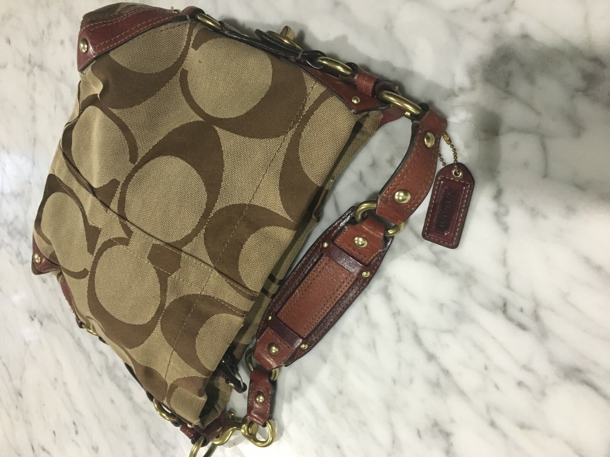 Coach Brown Leather Cloth Hobo Hand Bag Women 14 X 11