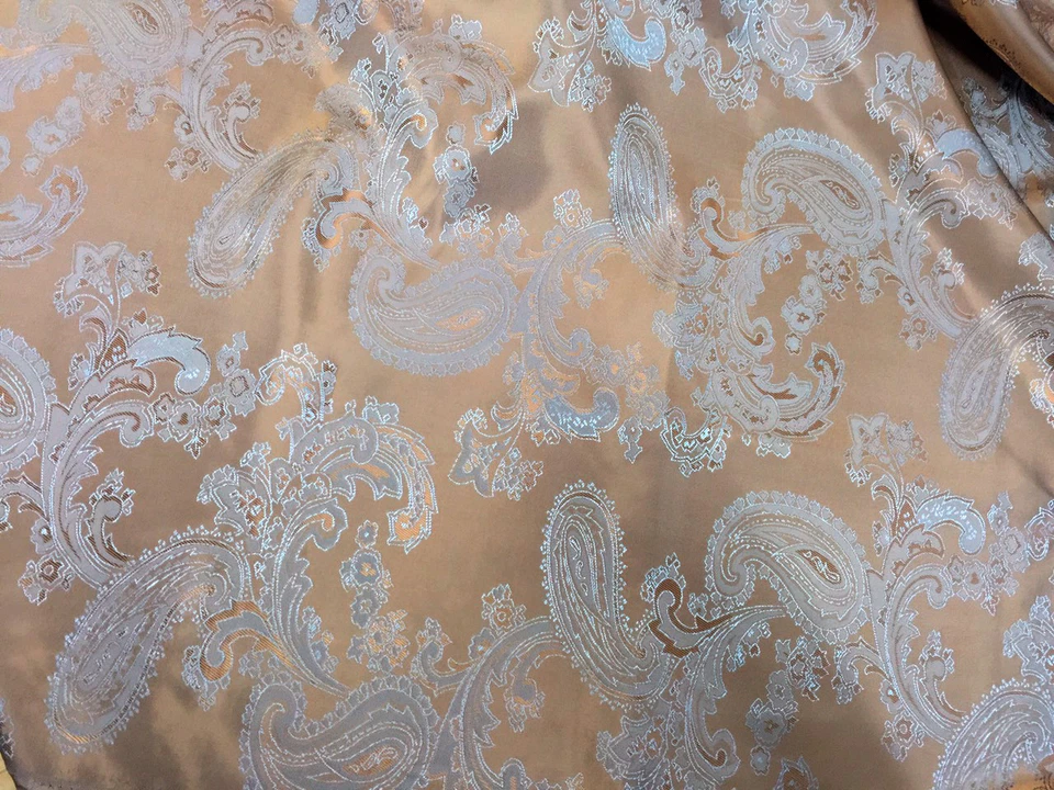 Brocado Tecido Paisley NÃO ESTÁTICO Viscose Cetim Sensação 58"W Tecido Dourado Marrom Azul - Imagem 3 de 4